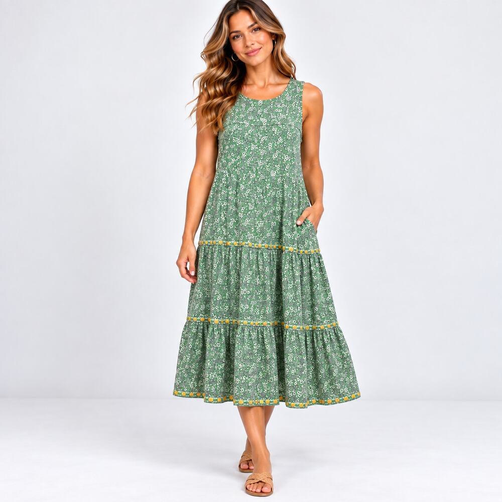 J. Jill Sleeveless Tiered Midi Dress Women's Sz L NWOT Green Floral Paisley Boho